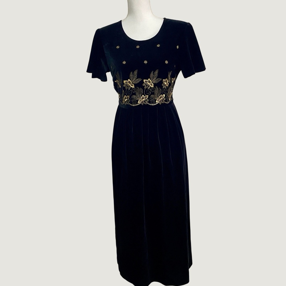 Vintage 90s Another Thyme Black Velvet Gold Embroidered Maxi Dress Petite 10P